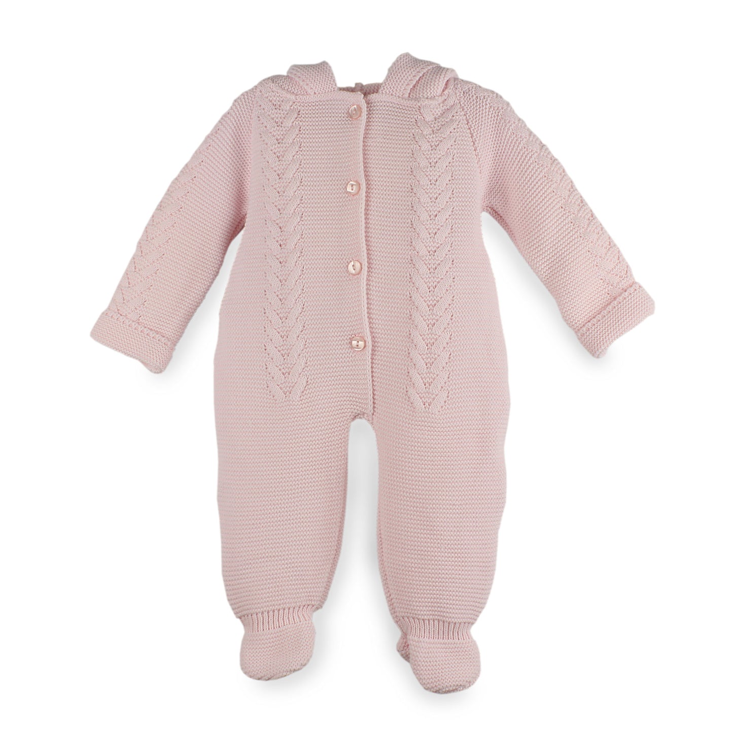 Pink knitted baby romper with cable patterns on a white background