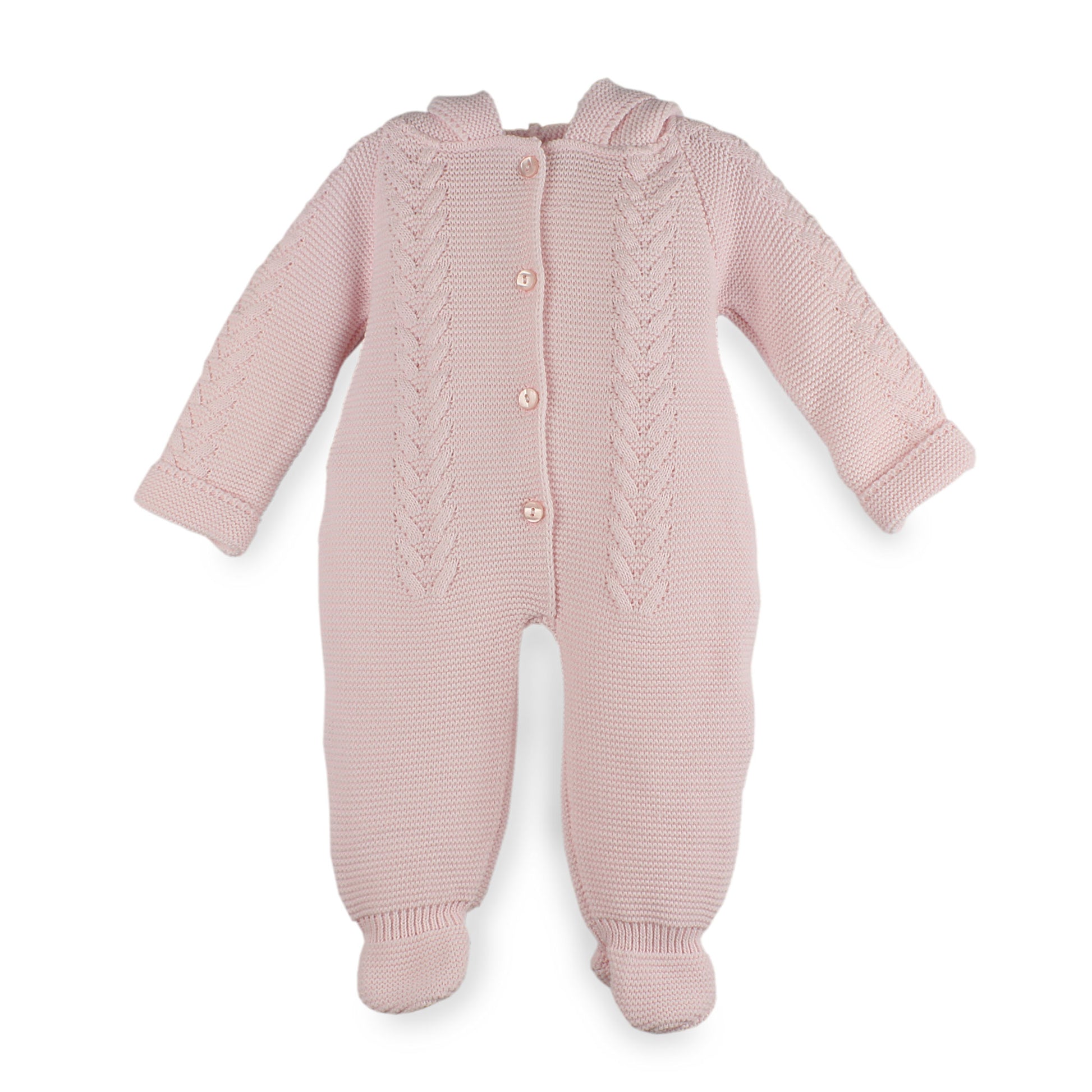 Pink knitted baby romper with cable patterns on a white background