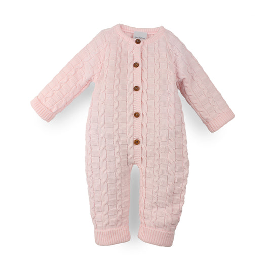 Dandelion pink knitted baby all-in-one outfit with cable knit design made in Portugal