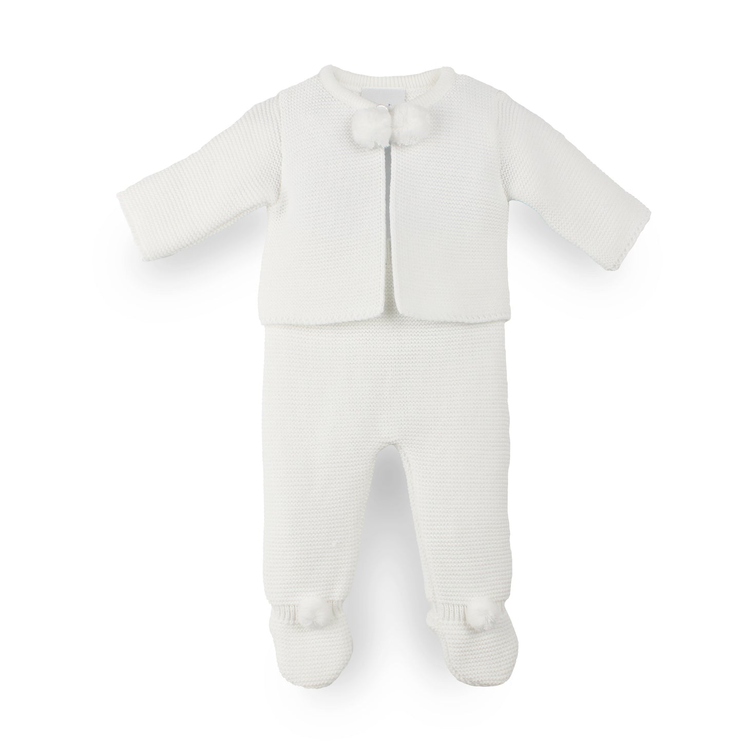 White two piece dadelion pram suit with pom poms in white