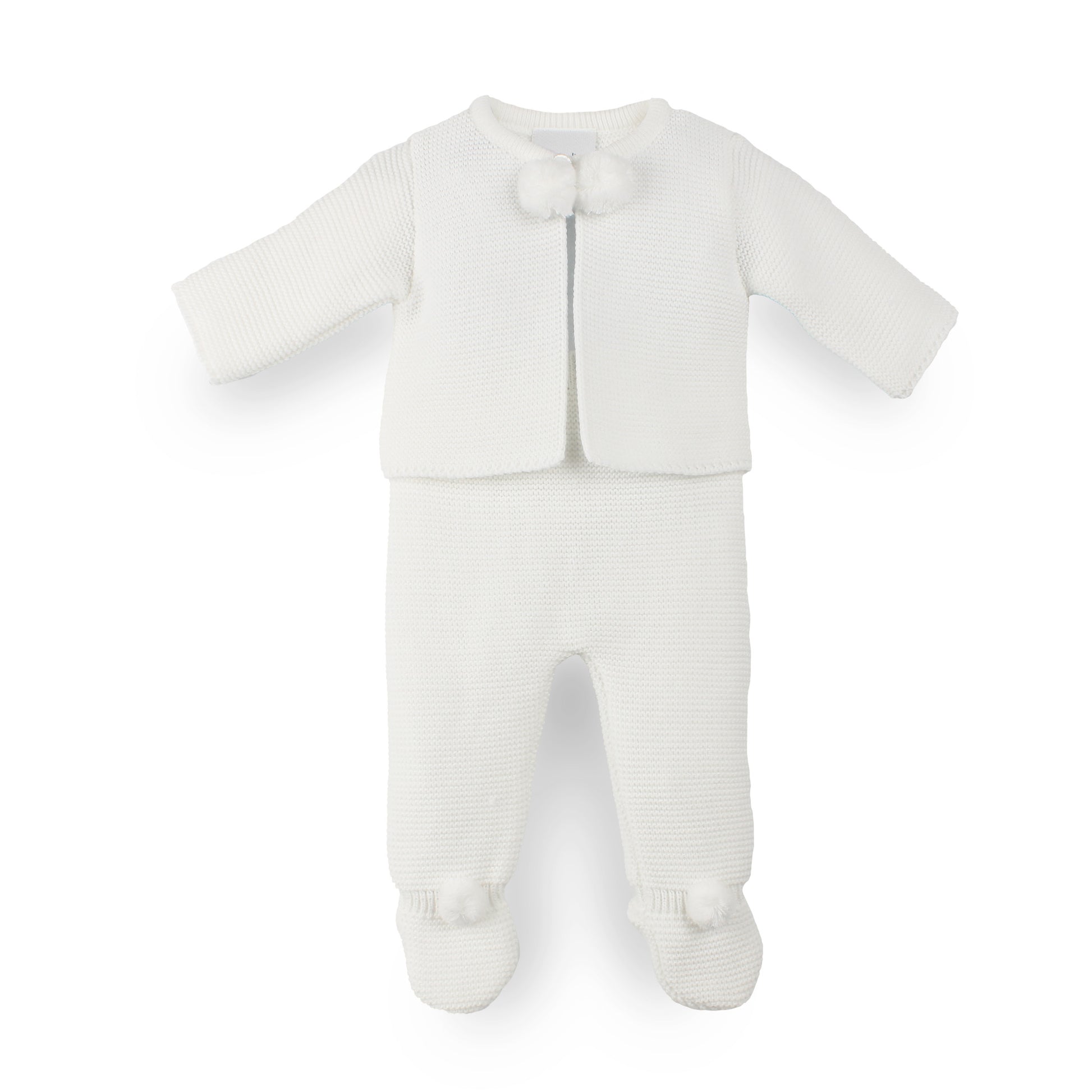 White two piece dadelion pram suit with pom poms in white