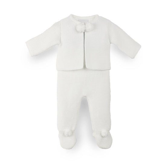 White two piece dadelion pram suit with pom poms in white