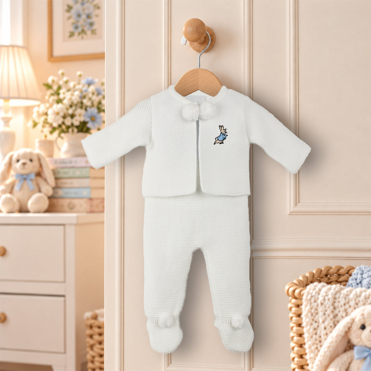 Dandelion Baby White Knitted Two Piece Pram Suit - With Rabbit