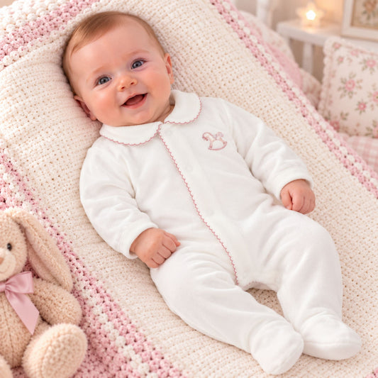 dandelion baby girl white velour sleepsuit with rocking horse