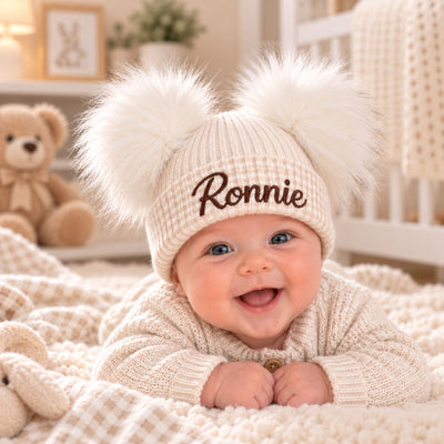 Personalised White & Beige Double Pom Newborn Baby Hat