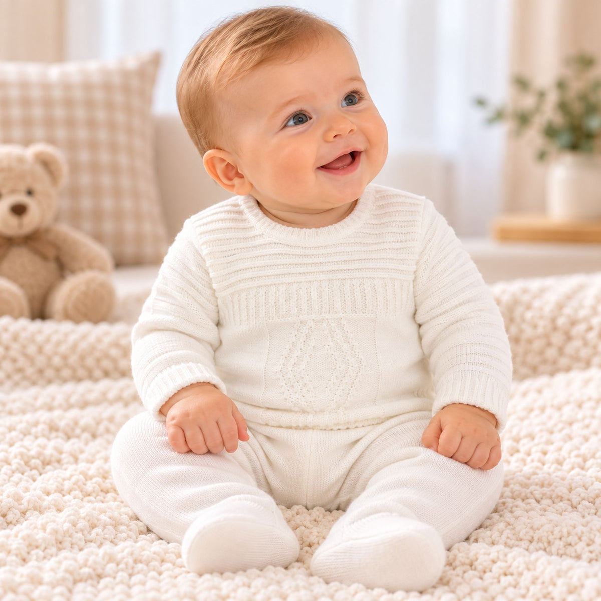 A smiling baby sitting on a chunky cream knit blanket, wearing a matching white long-sleeve knit footed romper. The background shows a cozy room setting with a teddy bear and soft neutral decor.