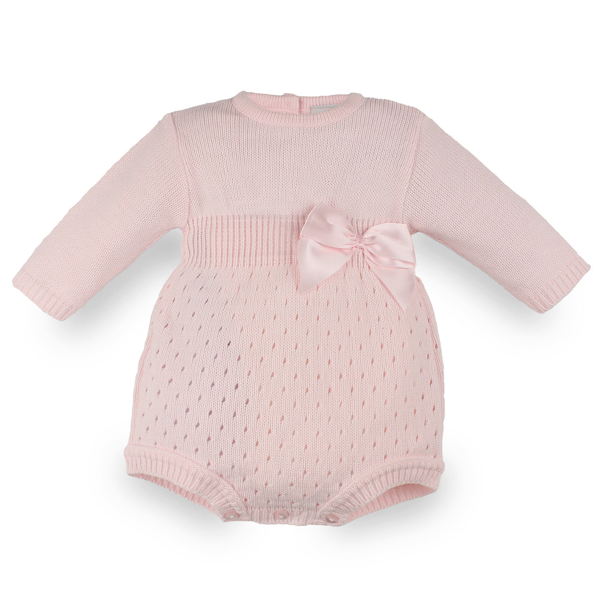 Dandelion Baby Girls Pink Knitted Romper with Satin Bow – Made in Portugal