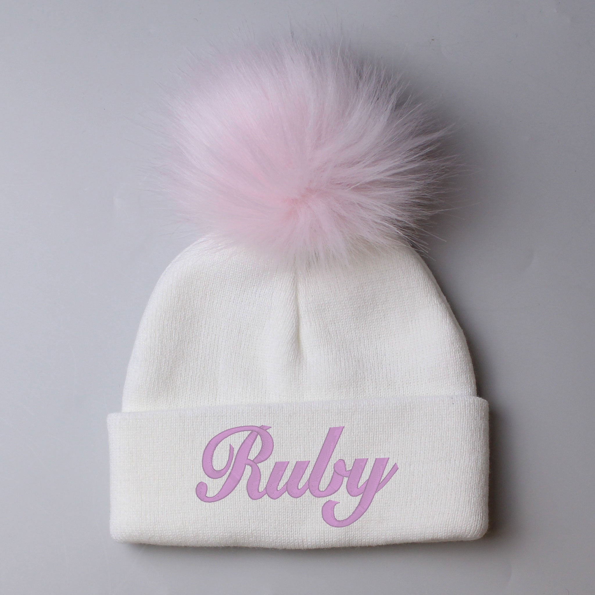 baby girls white and pink pom pom hat customised with name