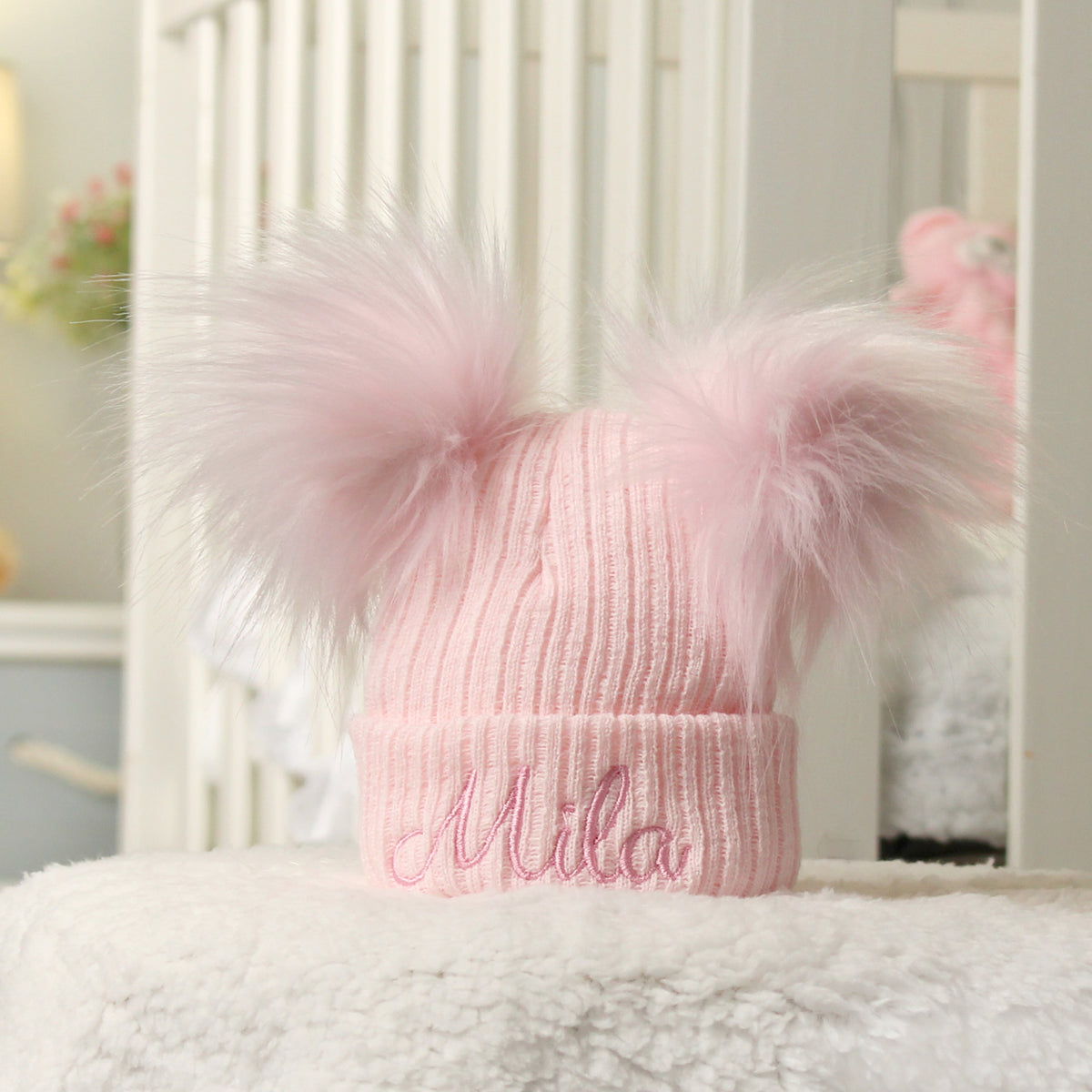 Personalised Baby Pom Hat – Pastel Pink Double Pom | Newborn & 0–6 Months