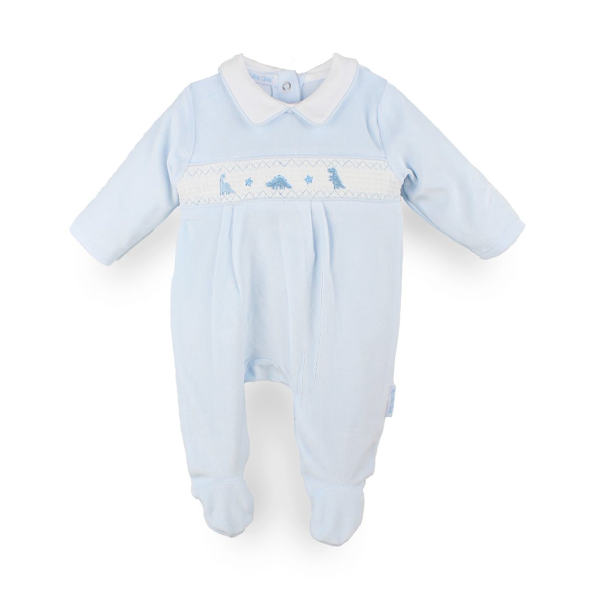 Baby boys blue velour smocked sleepsuit with dinosaur embroidery