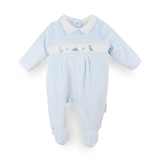 Baby boys blue velour smocked sleepsuit with dinosaur embroidery