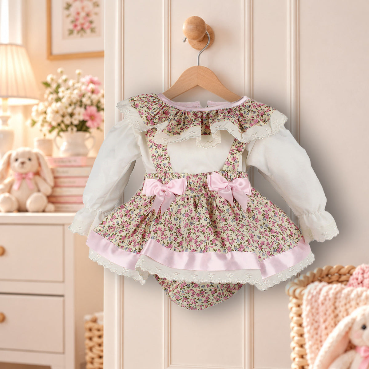 A baby girl's floral print romper suit with a white long-sleeve shirt, hanging on a wooden hanger against a cream-colored paneled door. The romper features a pink and green floral pattern, a white bodice, pink bows on the straps, and a ruffled pink hem with white lace trim.