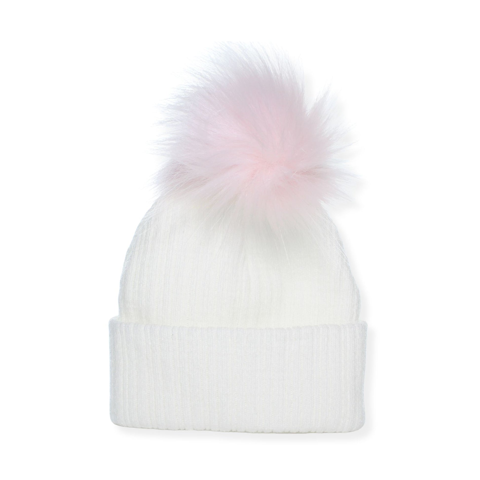 White beanie with a fluffy pink pom-pom on a white background