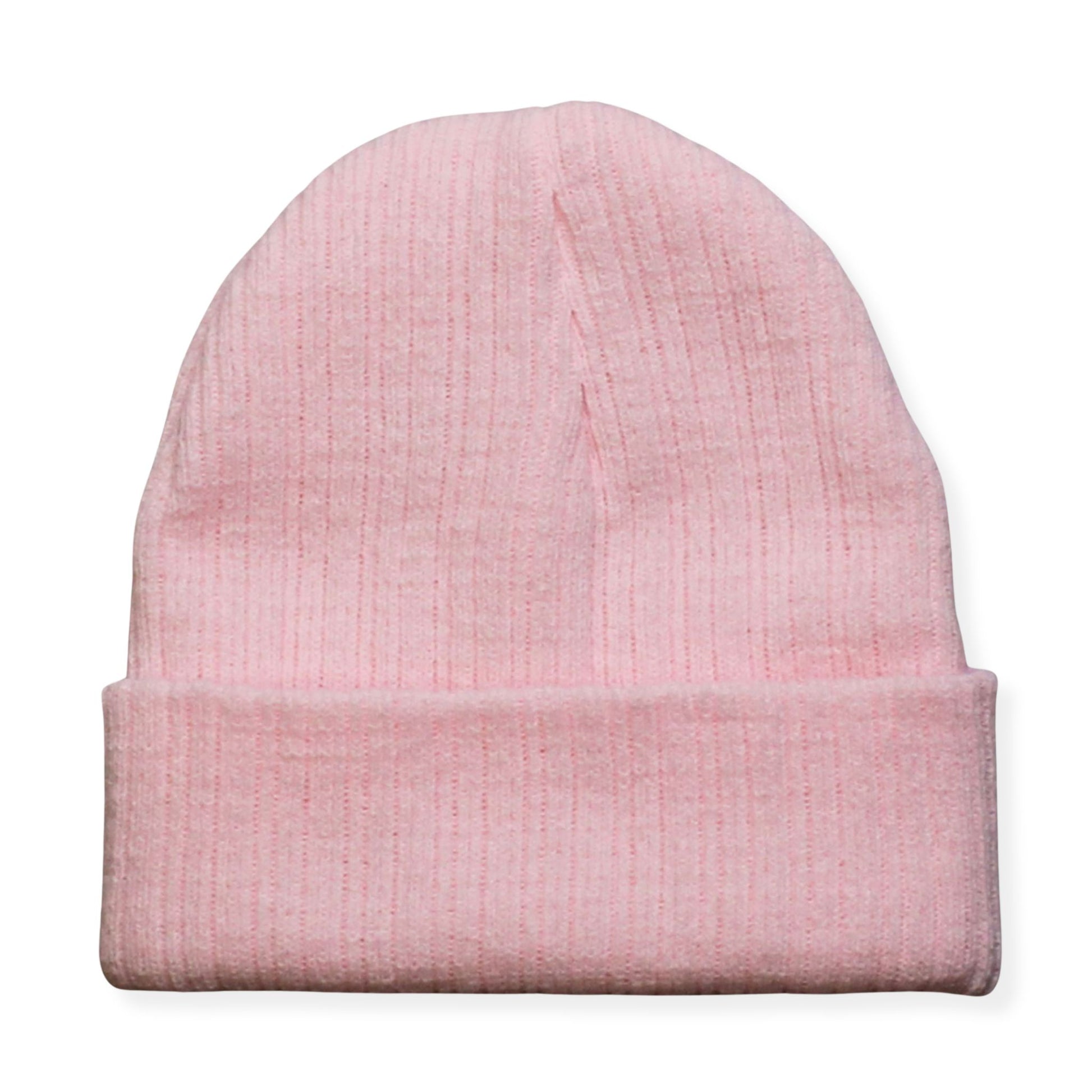 Pink beanie hat on a white background