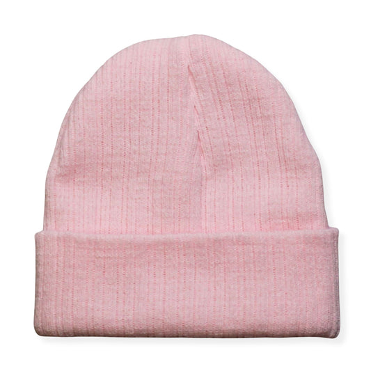 Pink beanie hat on a white background