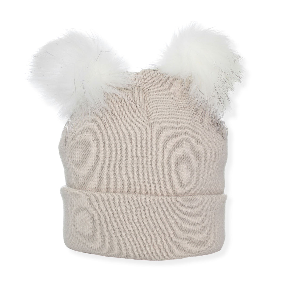 Beige knit beanie with two white faux fur pom-poms on a white background