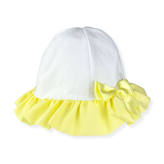 White sun hat with yellow ruffle on a white background