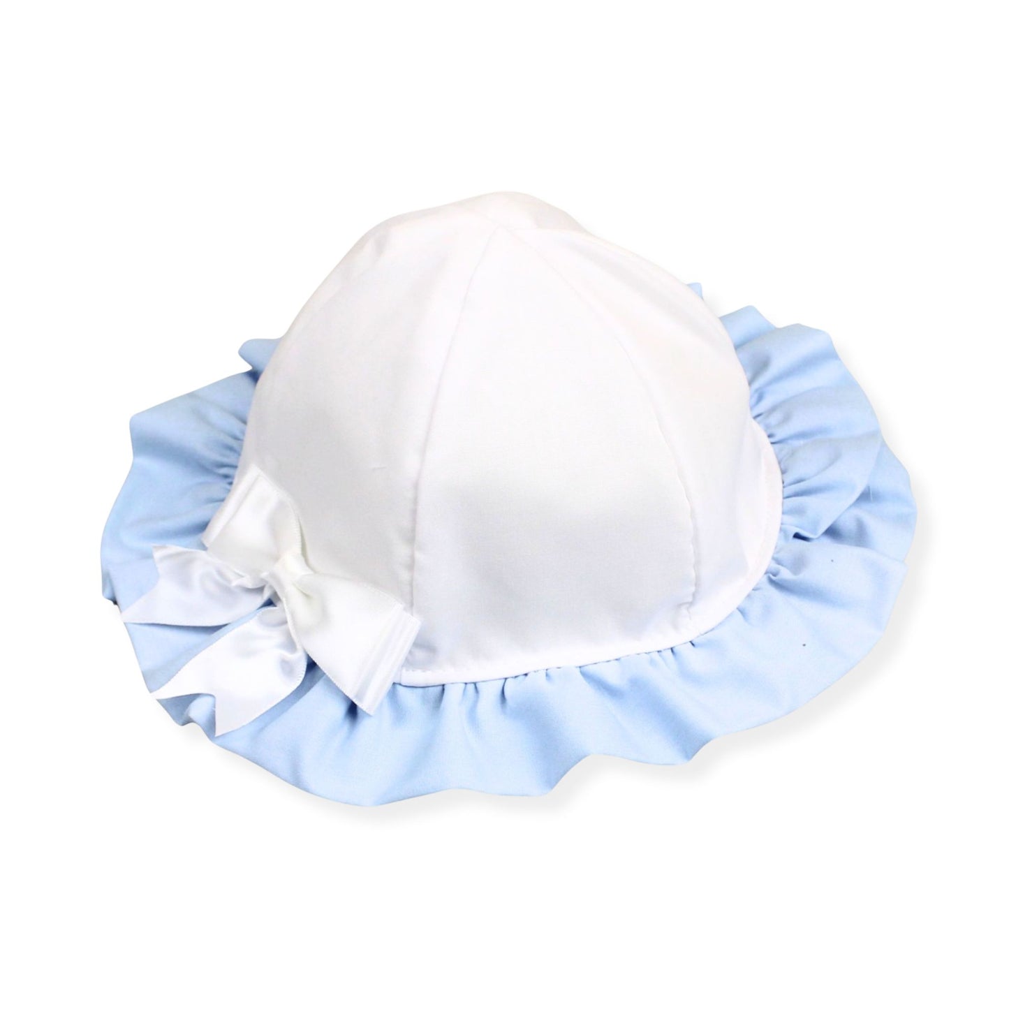 White baby bonnet with light blue ruffled trim on a white background