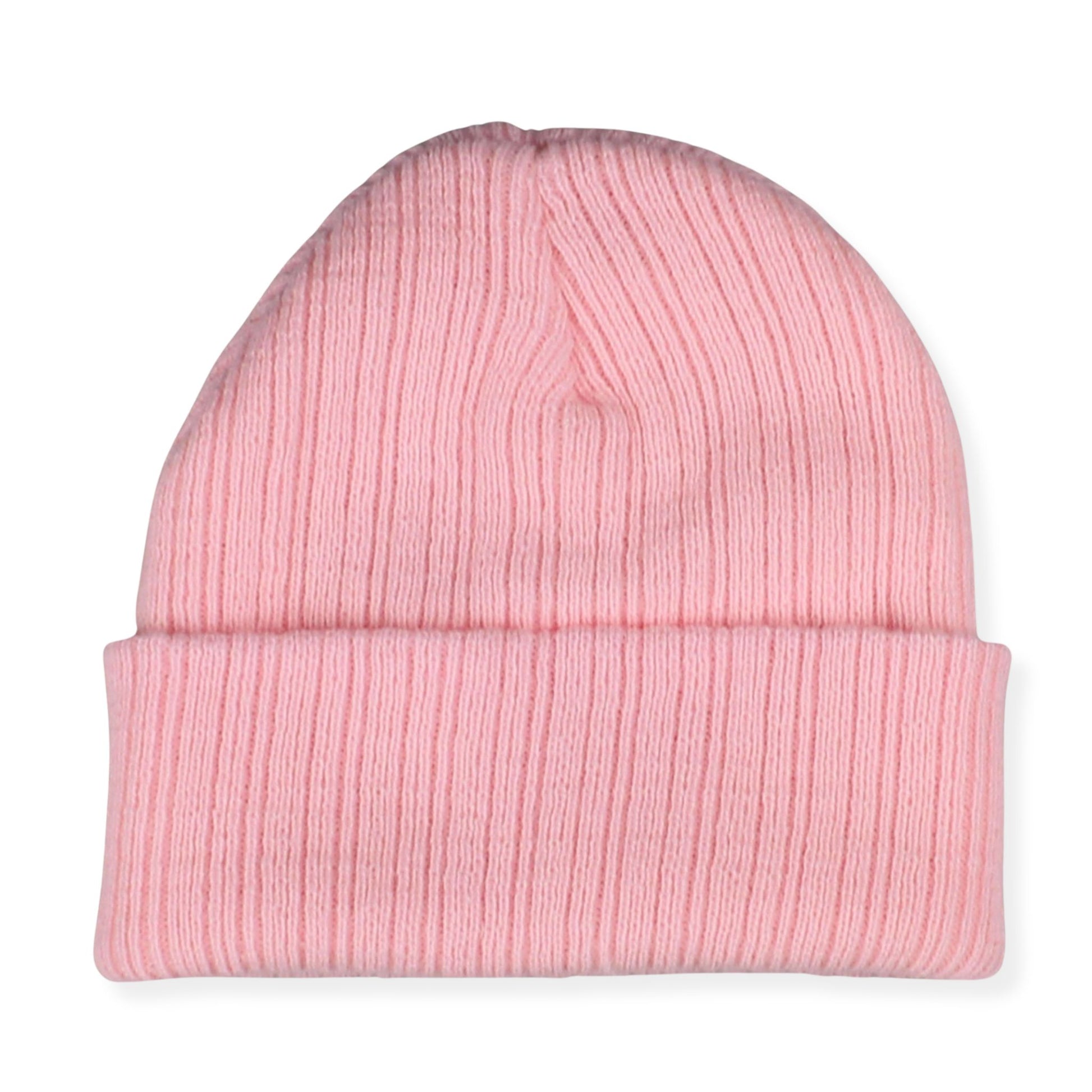Pink beanie hat on a white background