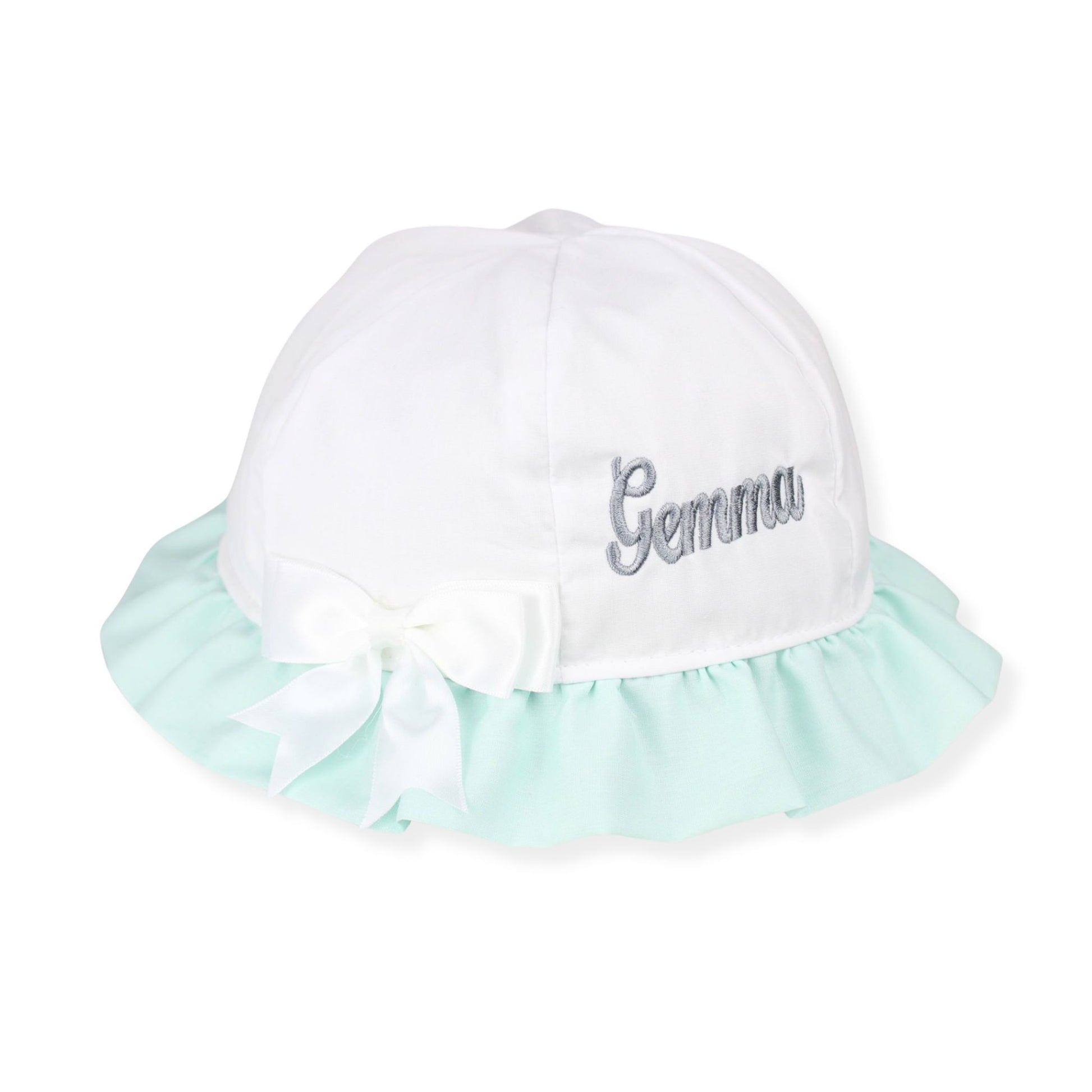 White sun hat with light mint ruffle and 'Gemma' embroidery on a white background