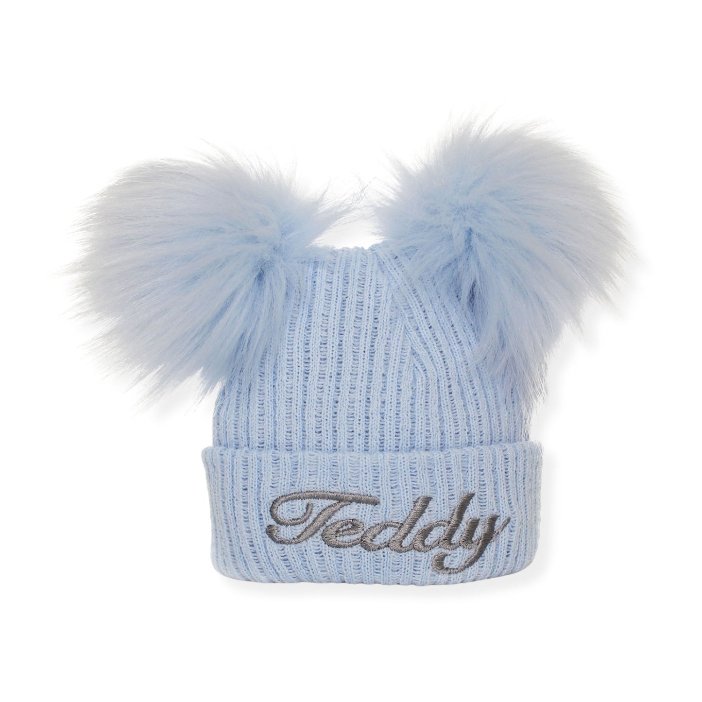 Light blue knit beanie with two fluffy pom-poms on a white background