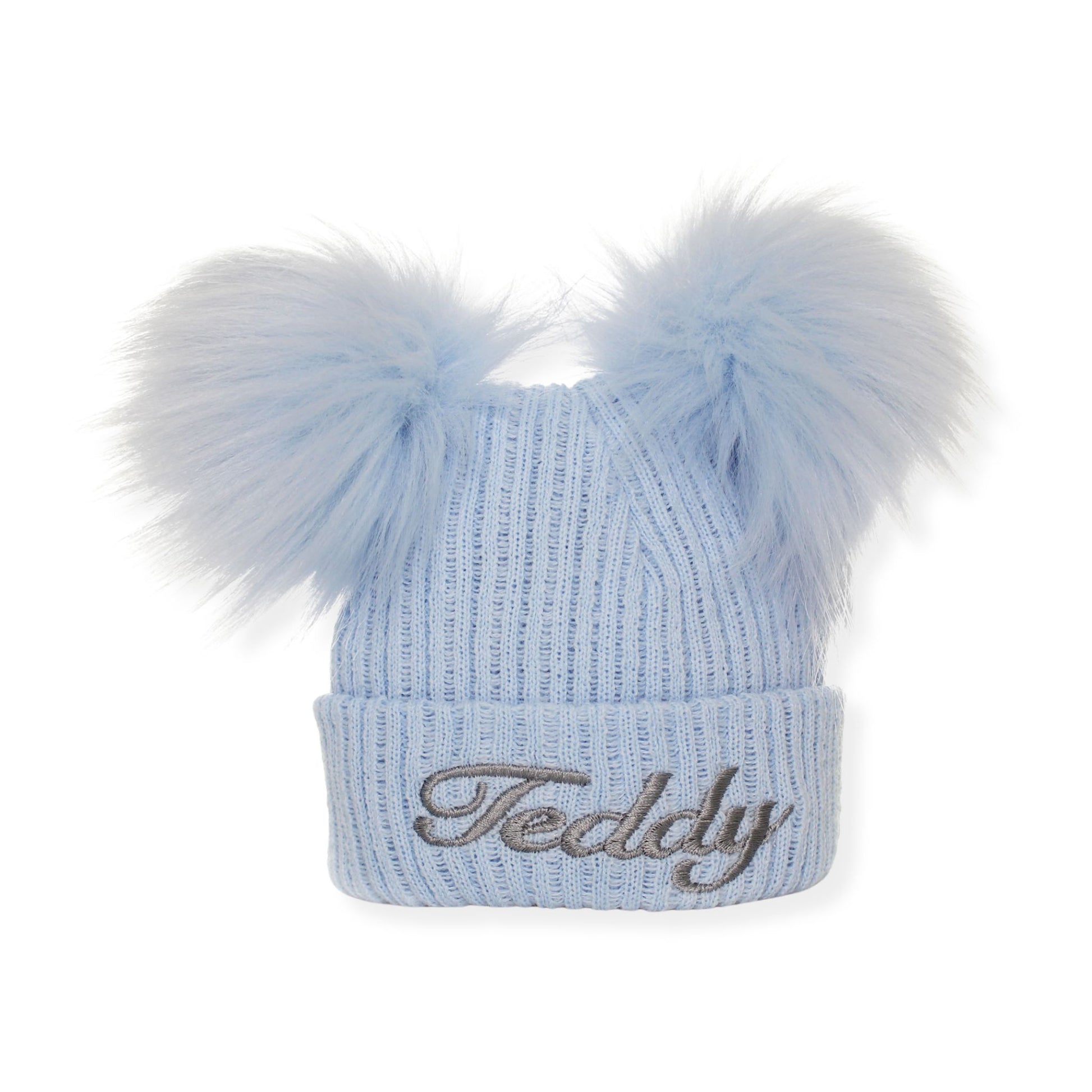 Light blue knit beanie with two fluffy pom-poms on a white background
