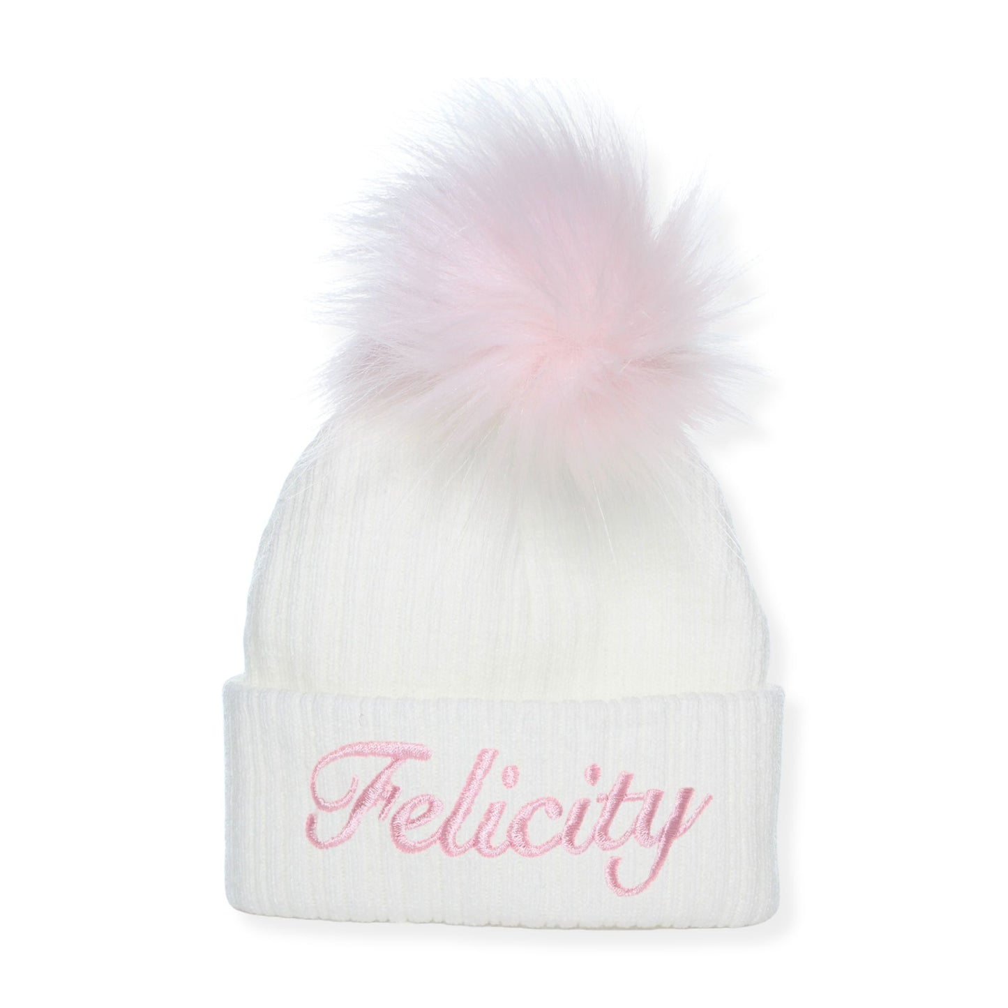 White beanie with pink 'Felicity' text and white fur pom-pom on a white background
