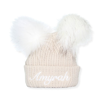 Personalised Baby Pom Hat - Double Pom - Beige