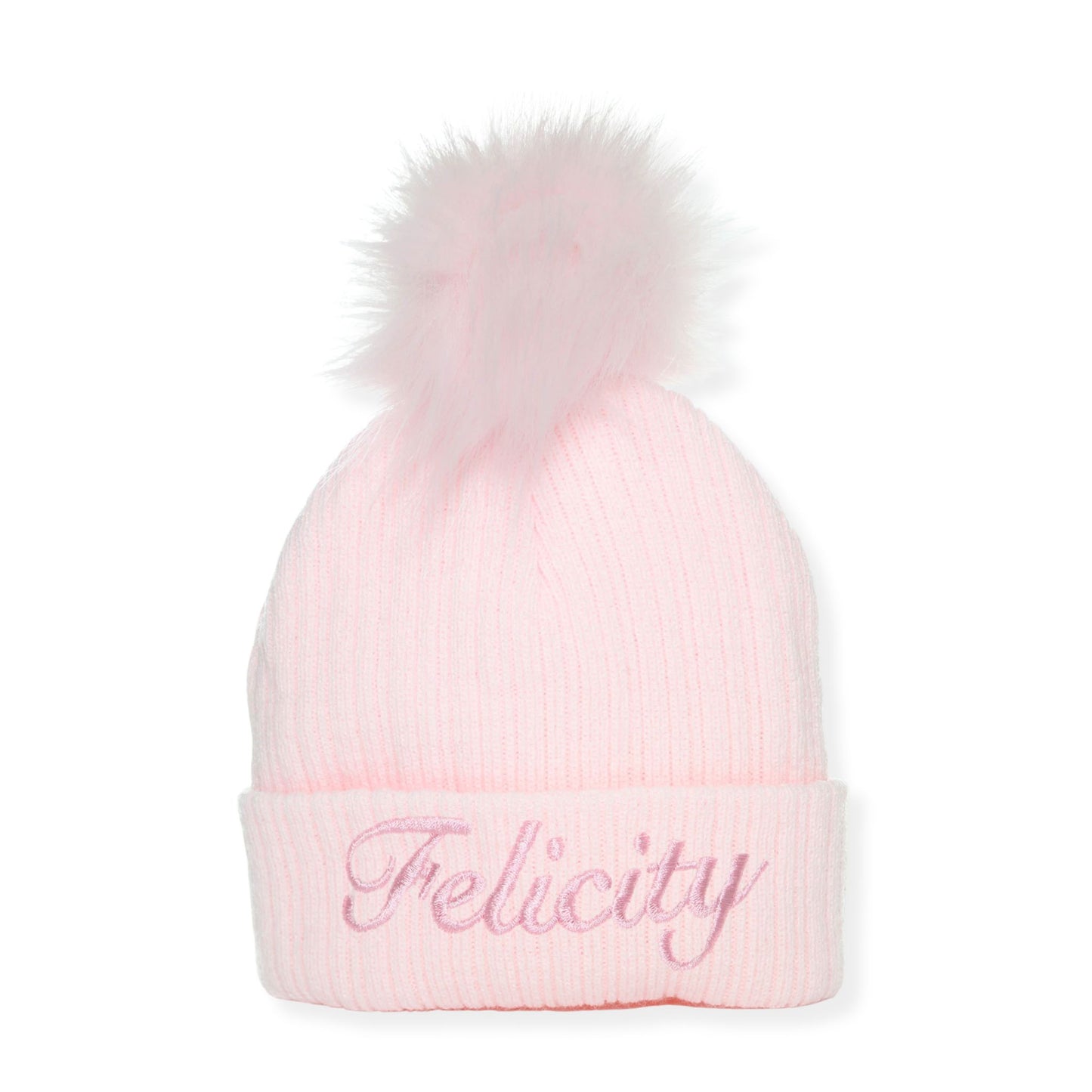 Pink beanie with fur pom-pom and 'Felicity' embroidery on a white background