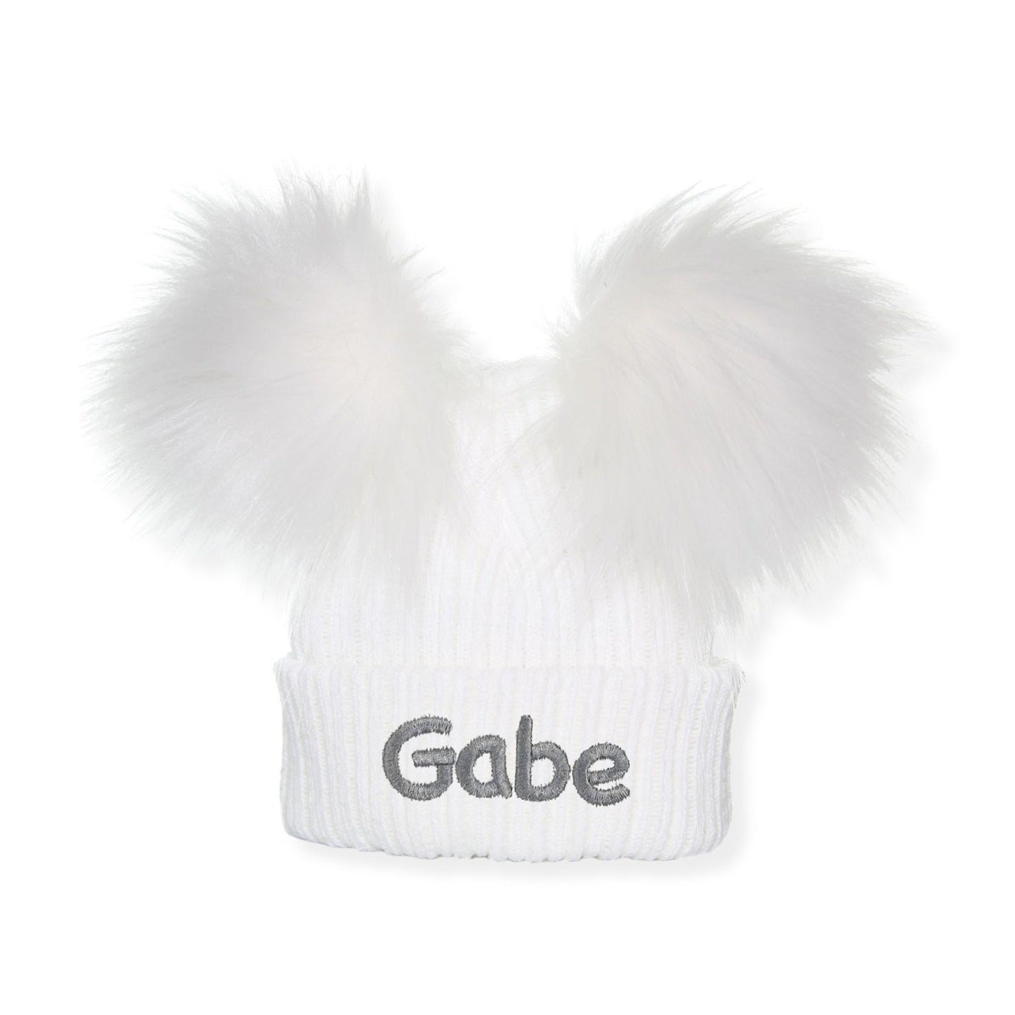 White beanie with fur pom-pom and 'Gabe' embroidery on a white background