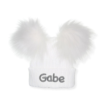 Personalised Baby Pom Hat – White Double Pom | Unisex | Newborn & 0–6 Months