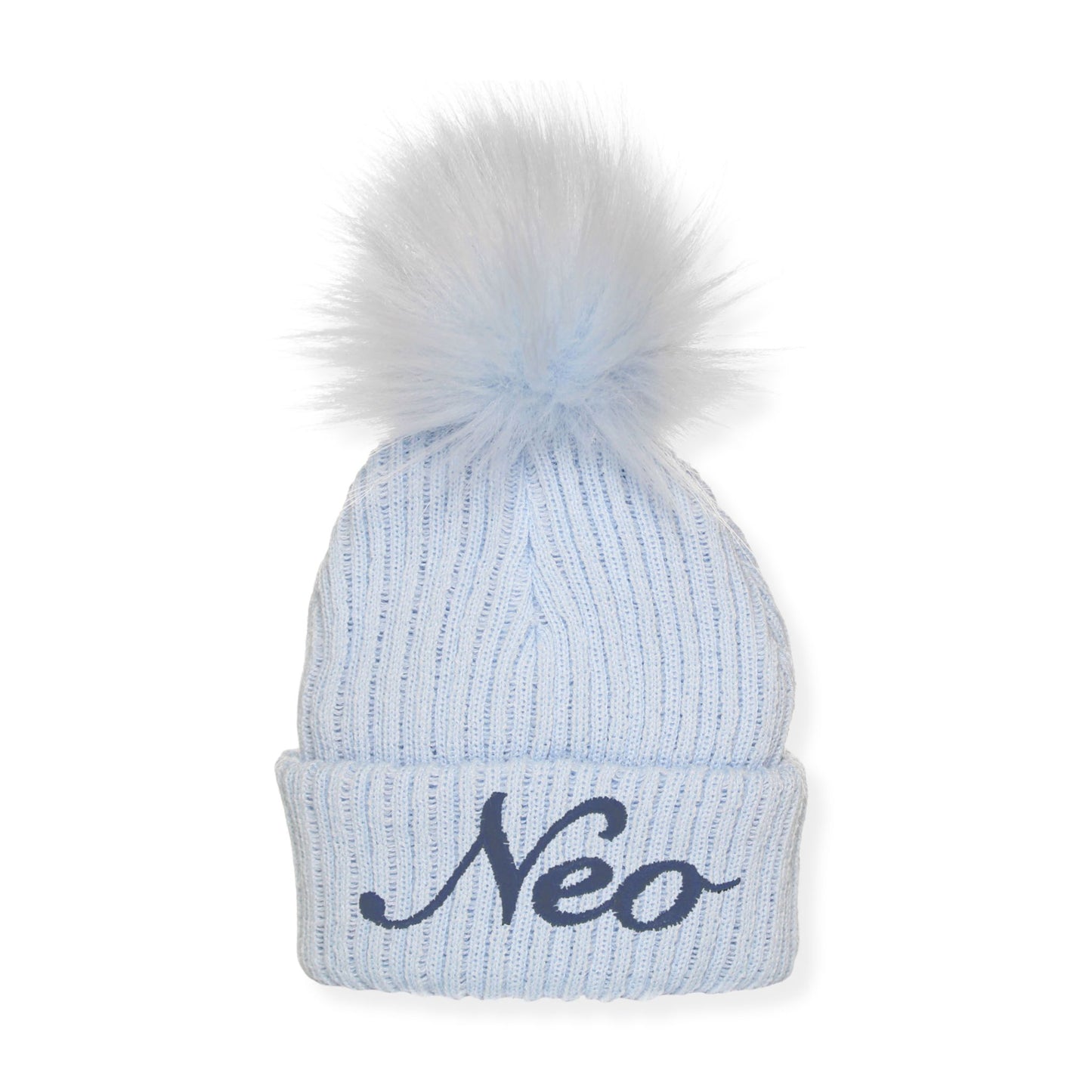 Light blue beanie with blue pom-pom and 'Neo' embroidery on a white background