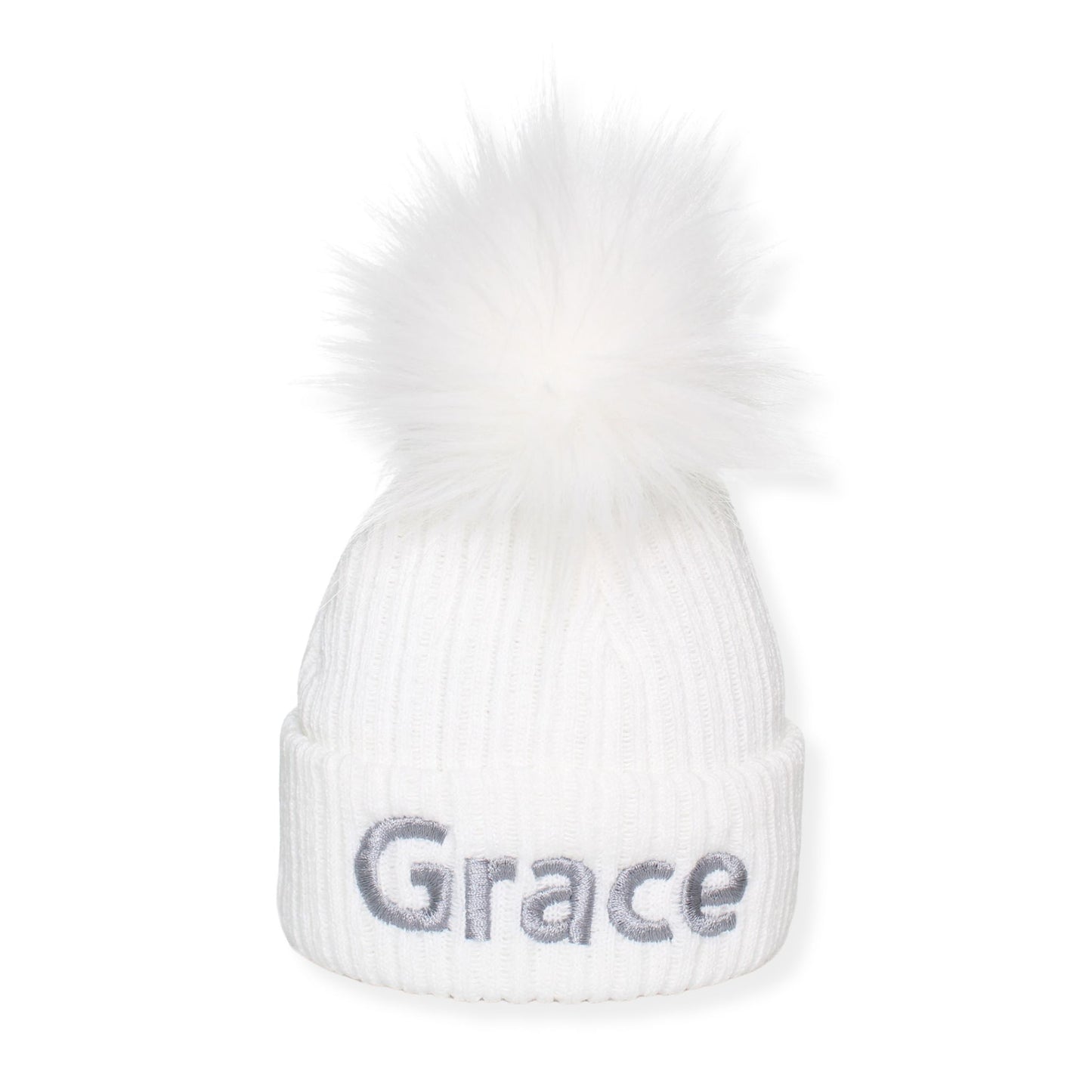 White beanie with gray 'Grace' text on a white background