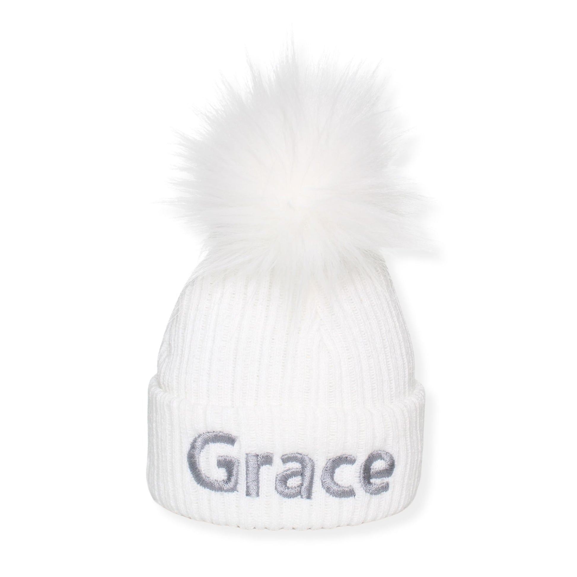White beanie with gray 'Grace' text on a white background