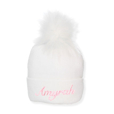 Personalised Pastel White Pom Hat - 1 to 6 years