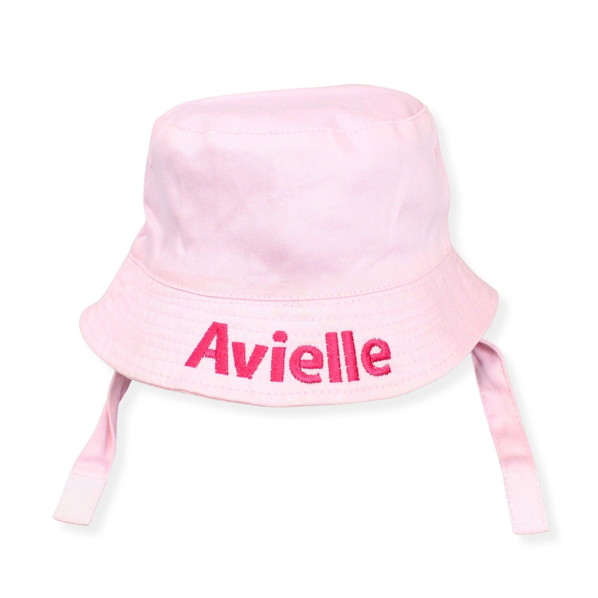 Pink bucket hat with 'Avielle' embroidery on a white background