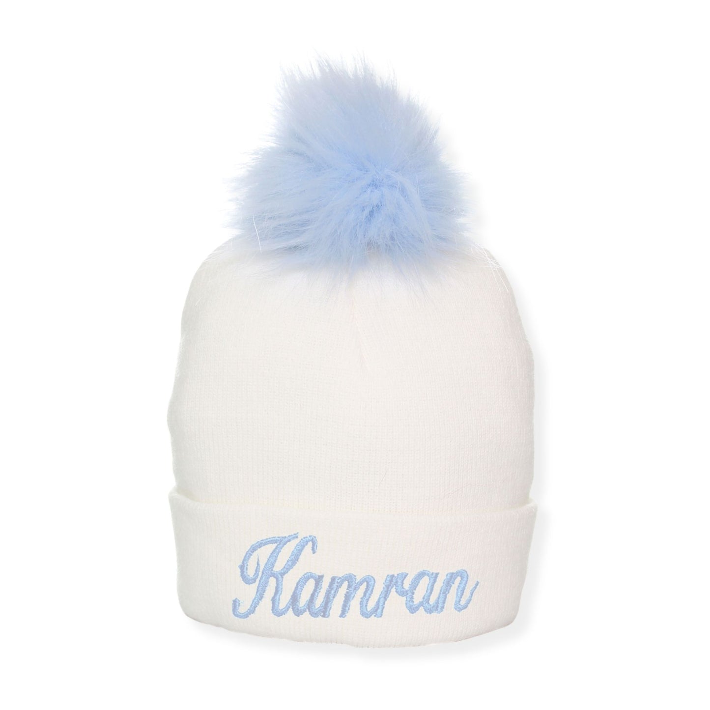 Baby boys pom hat in white and blue