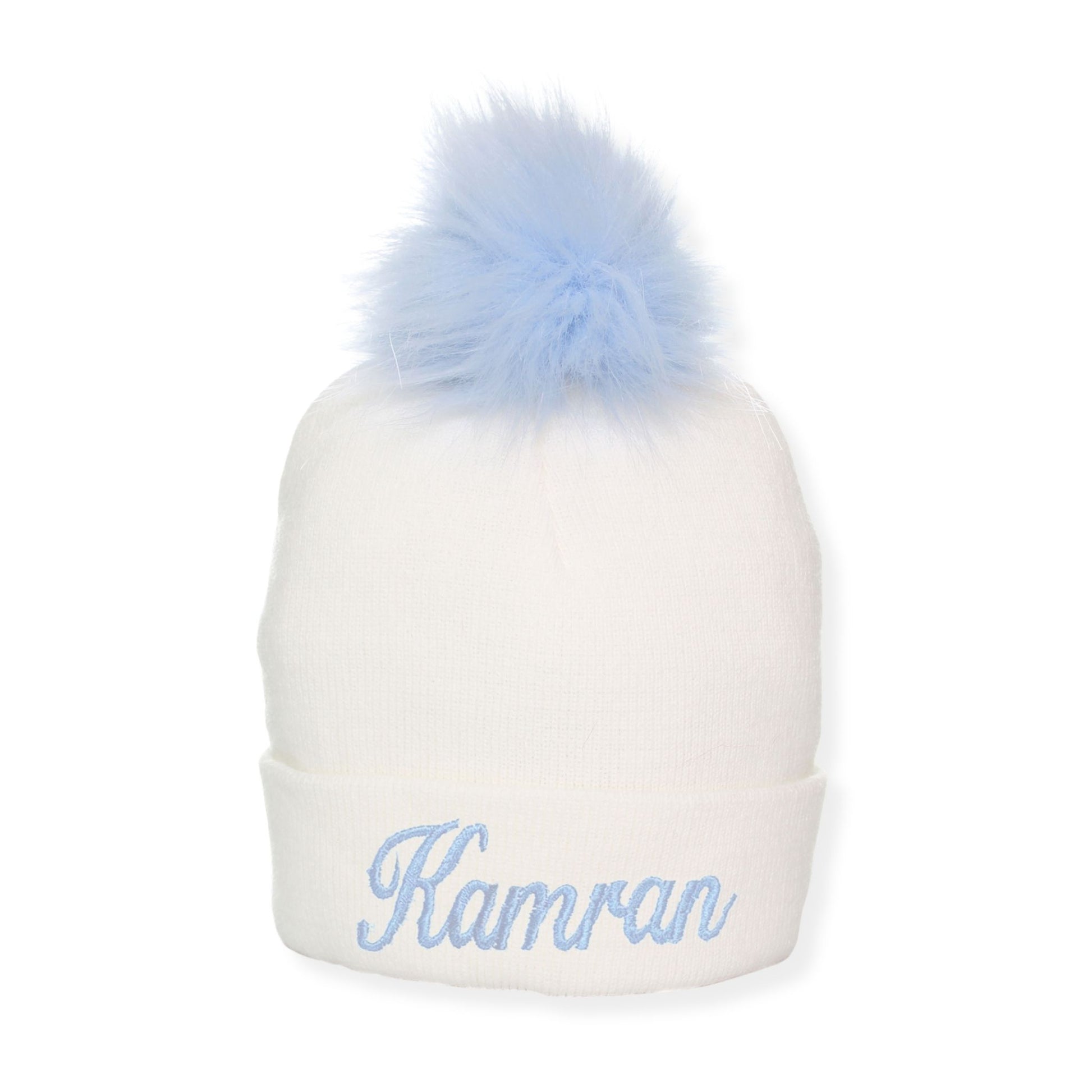 Baby boys pom hat in white and blue