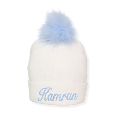 Personalised White Blue Pom Hat - 1 to 6 years