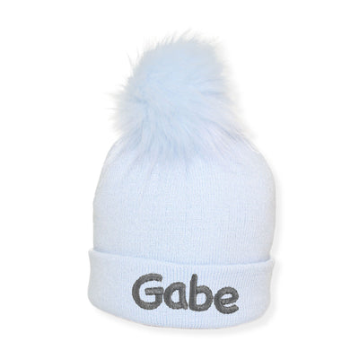 Personalised Pastel Blue Pom Hat - 1 to 6 years