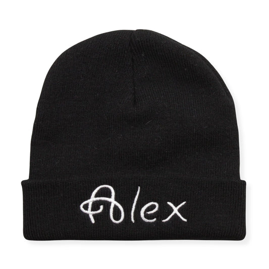 Black beanie with 'Alex' embroidered on a white background