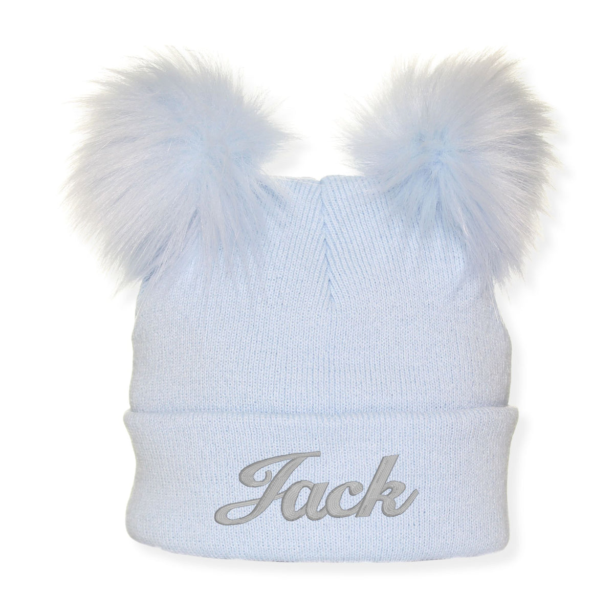 Baby boys blue double pom pom hat with embroidered name "Jack"