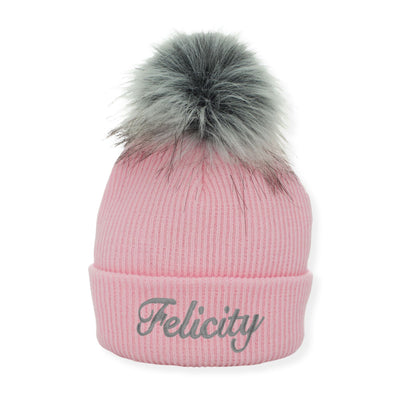 Personalised Pink & Grey Pom Pom Baby Hat (6–12 Months)