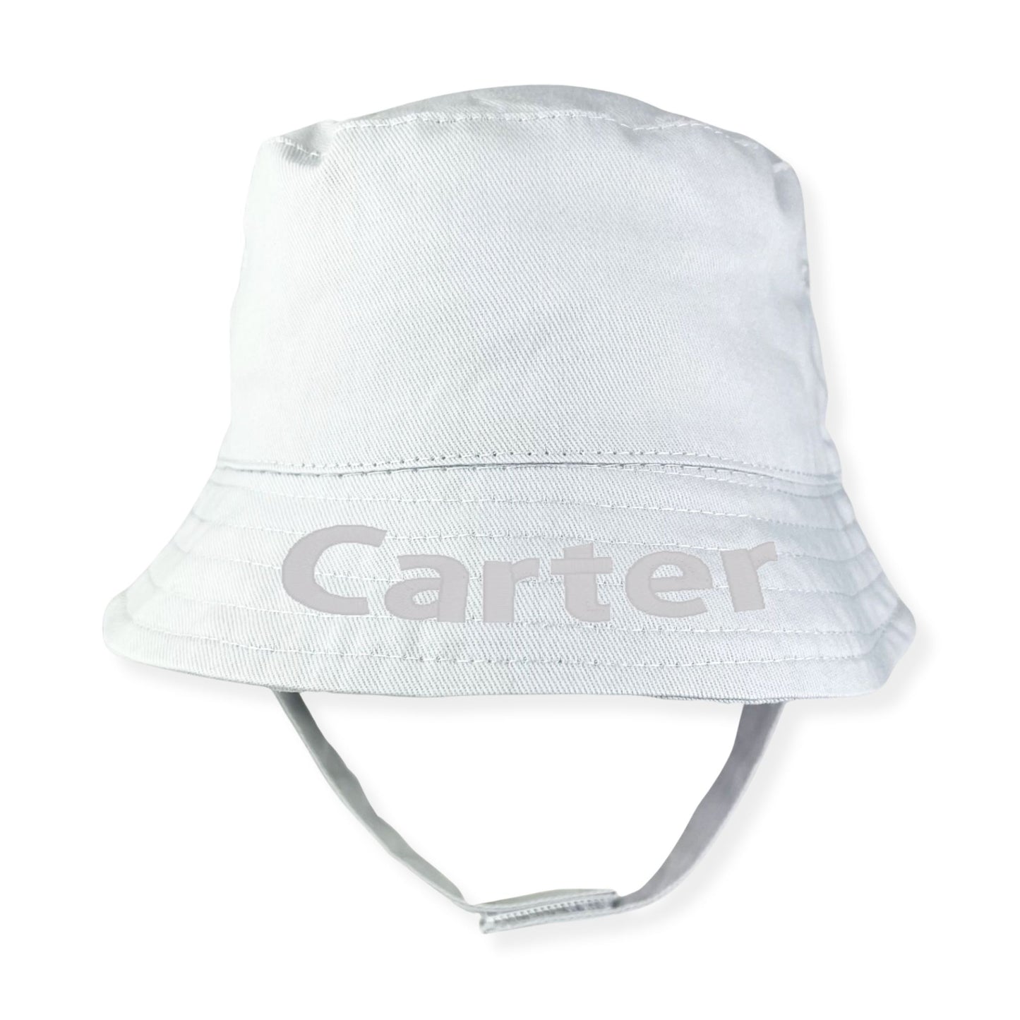 White bucket hat with 'Carter' embroidery on a white background
