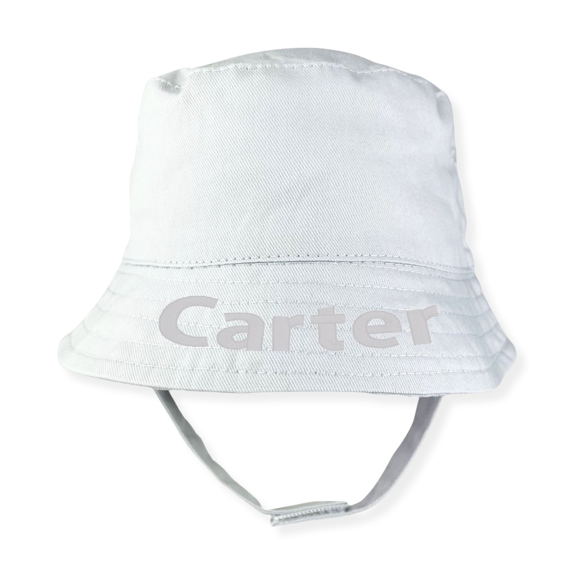 White bucket hat with 'Carter' embroidery on a white background