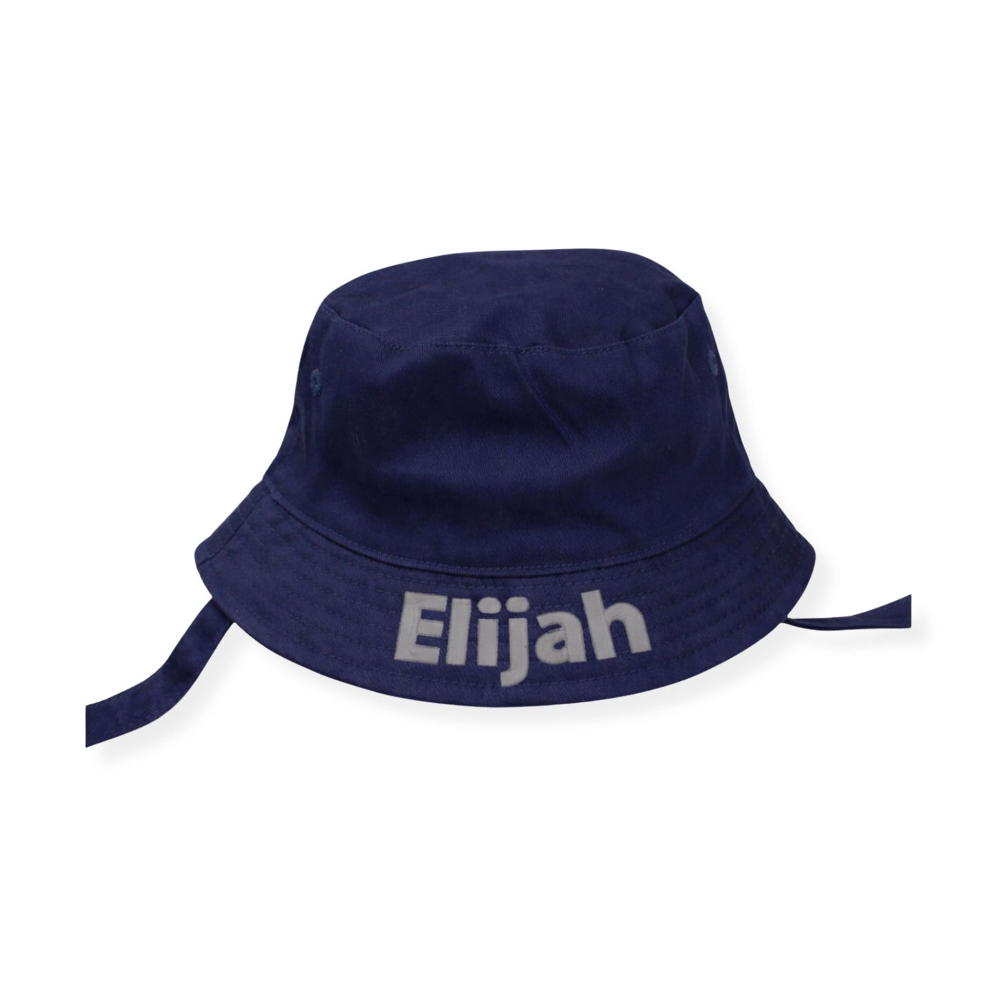 Navy blue bucket hat with 'Elijah' embroidered on it against a white background