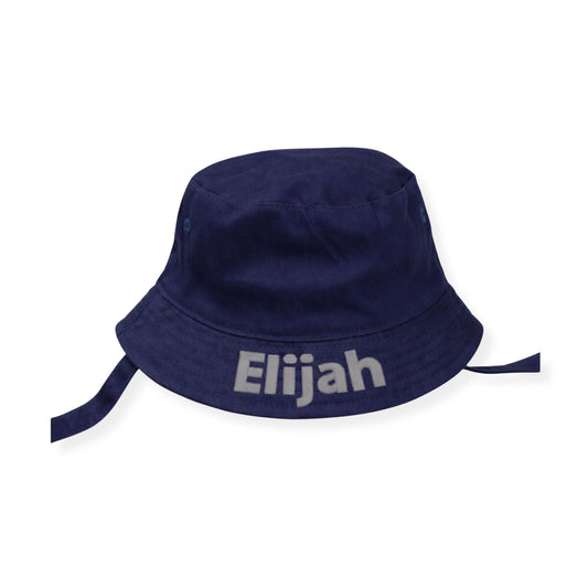 Navy blue bucket hat with 'Elijah' embroidered on it against a white background