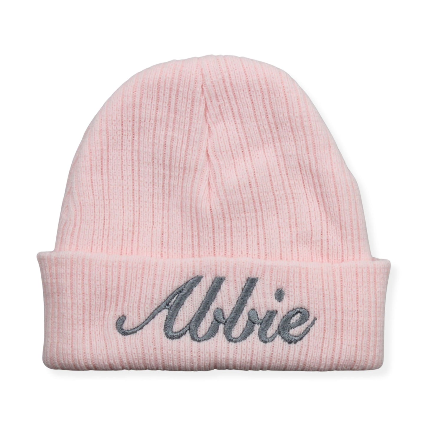 Pink beanie with 'Albie' embroidered on a white background