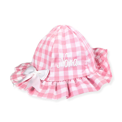 Personalised Baby Girls Sunhat - Pink Gingham with Bow