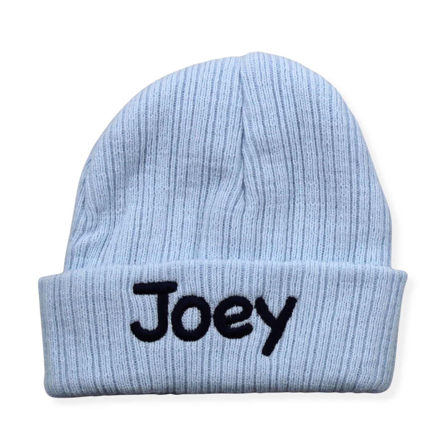 Light blue beanie with 'Joey' embroidered on a white background